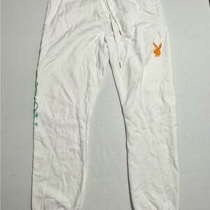 Playboy‎ Brand White Sweatpants, Drawstring, Embroidered, Men's Large #1015